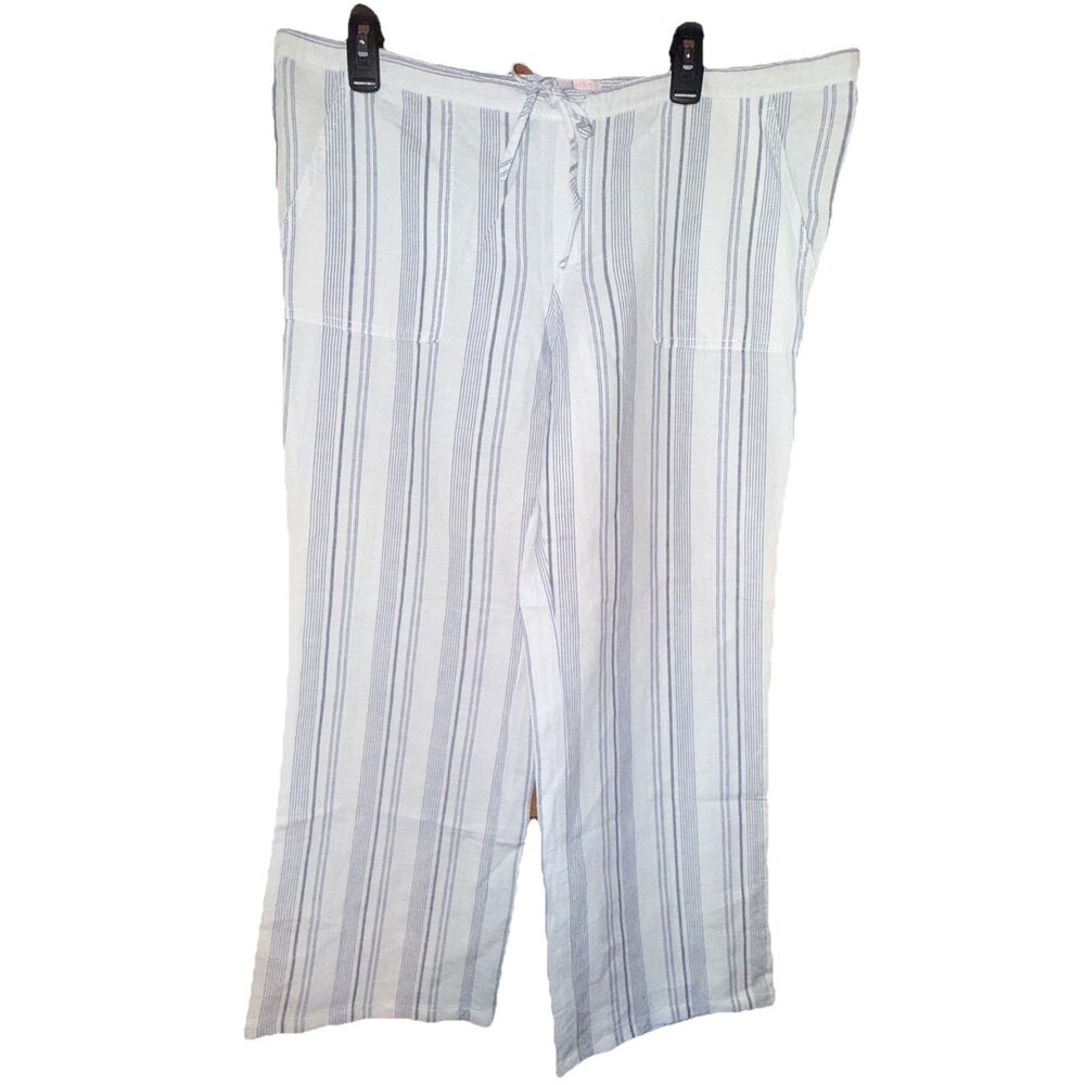Victoria's Secret White Linen Wide Leg Pants Drawstring Pockets Size 12